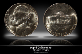 1943 S MS-66FS Jefferson Silver War-Time Nickel