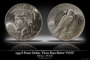 1935-S MS-64 Peace Dollar, Three Rays Below 'ONE'